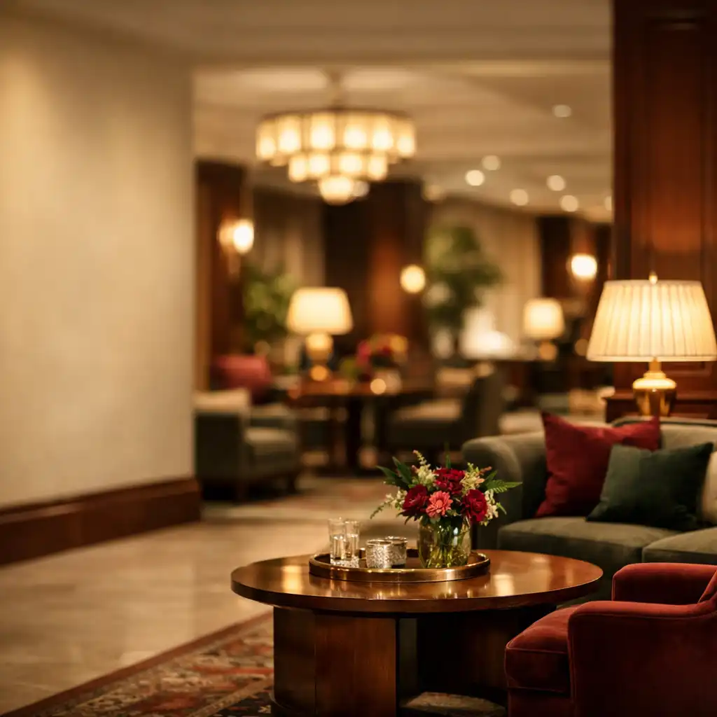 Eleganckie lobby hotelu Grand Stay House z ciepłym oświetleniem i luksusowymi meblami