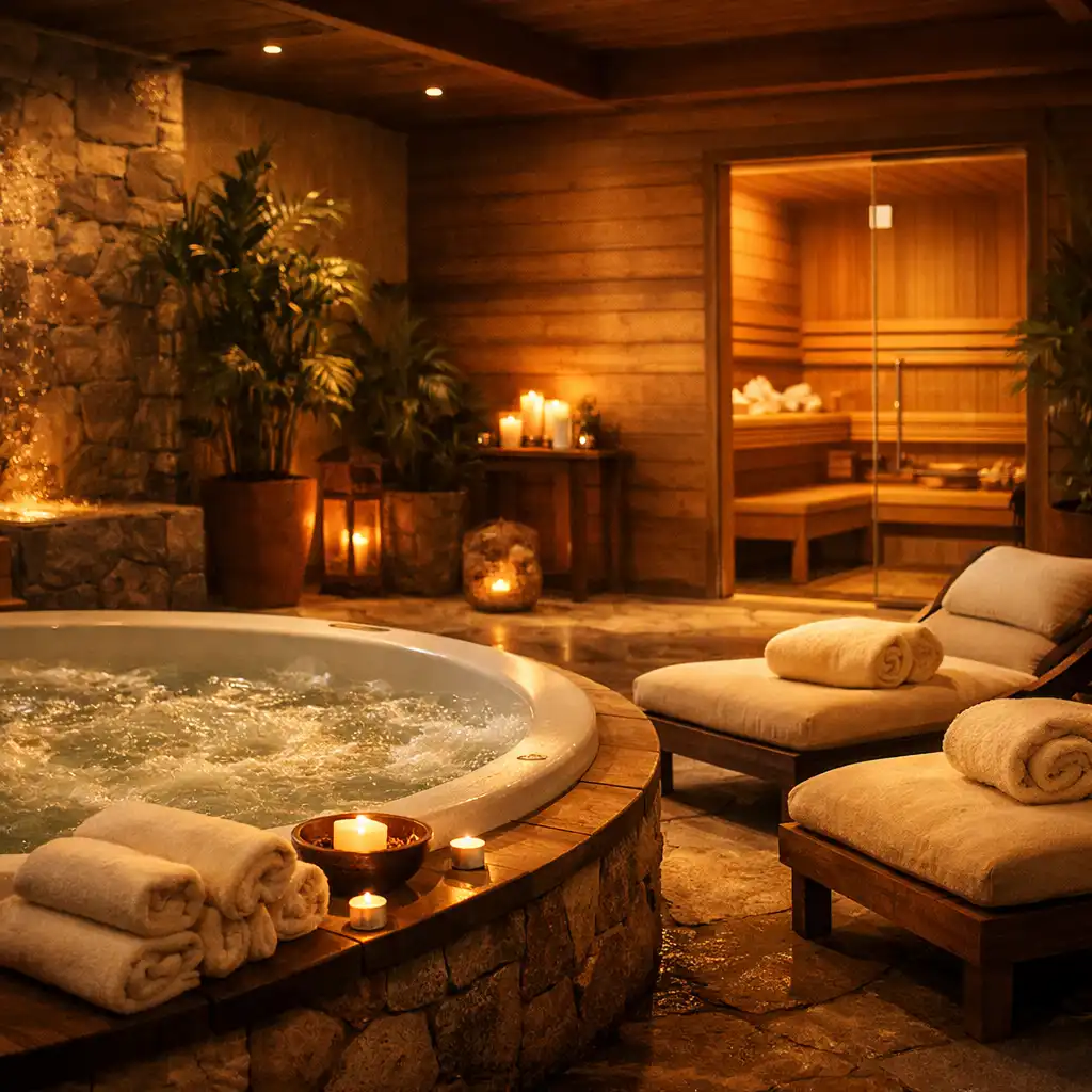 Strefa wellness z jacuzzi i sauną w ciepłym świetle