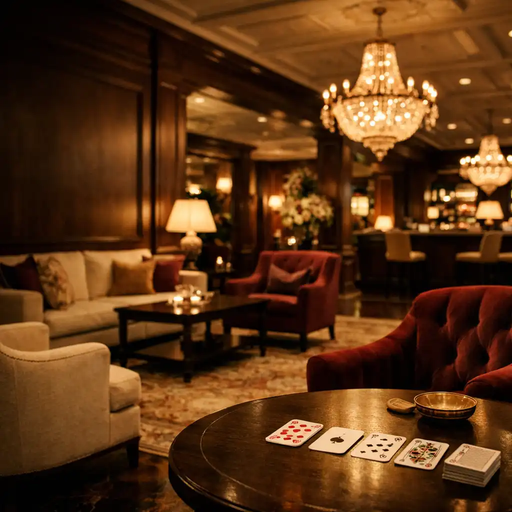 Eleganckie lobby hotelu Grand Stay House z ciepłym oświetleniem i subtelnym stolikiem z talią kart