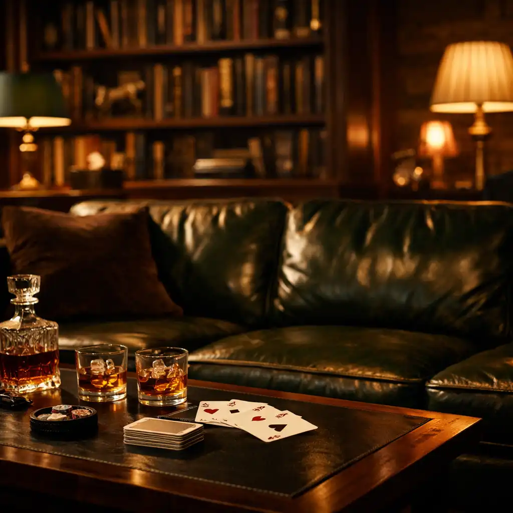 Część wypoczynkowa poker lounge ze skórzaną sofą, stolikiem kawowym z talią kart i kieliszkami whisky oraz regałem z książkami