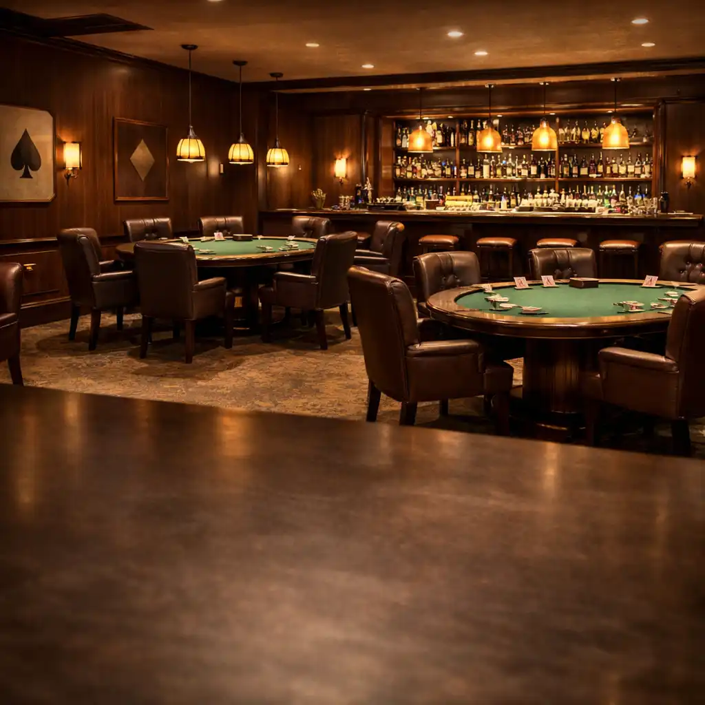 Atmosfera poker lounge z kilkoma stolikami, skórzanymi fotelami i barem