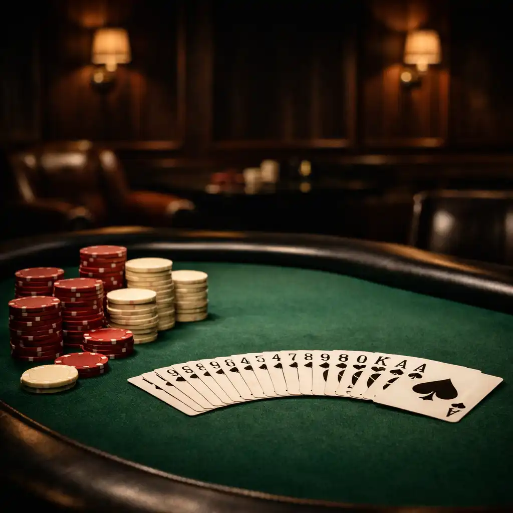 Elegancki poker lounge z profesjonalnym stołem do pokera, zielonym suknem i żetonami