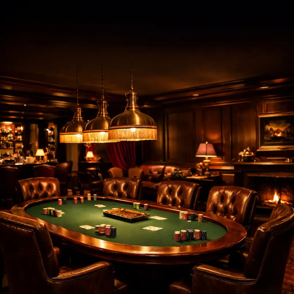 Elegancki stół do pokera w Poker Lounge Grand Stay House z ciepłym oświetleniem i zielonym suknem