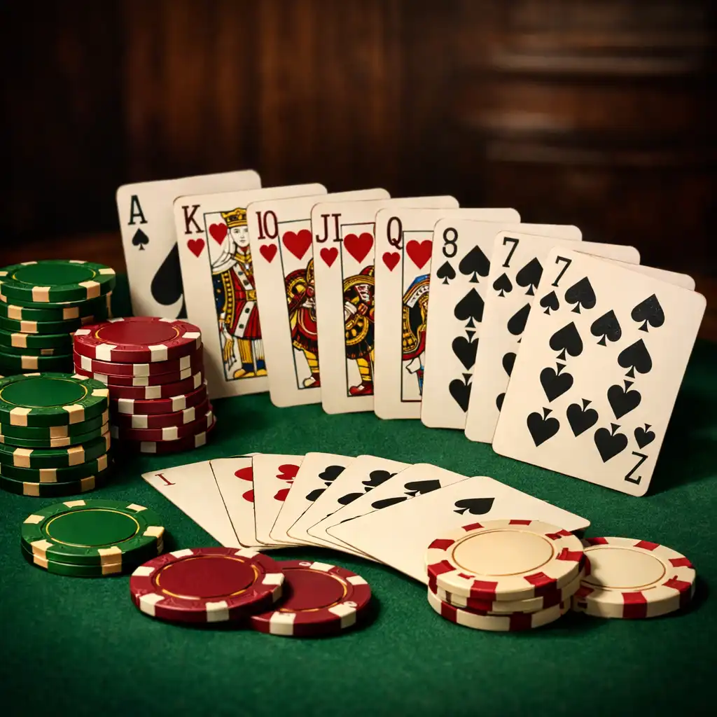 Zbliżenie na stół pokerowy z zielonym suknem, żetonami w kolorach zieleni i burgundu oraz elegancko rozłożonymi kartami
