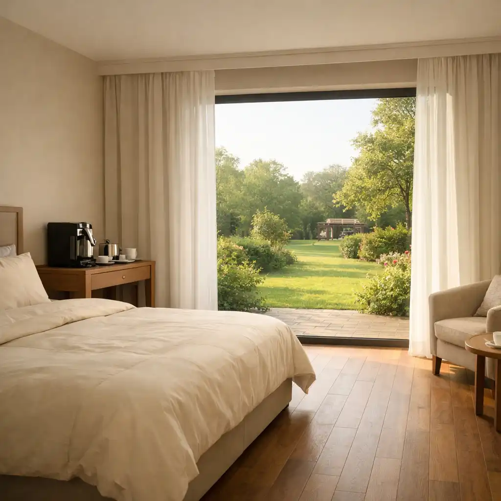 Cichy pokój hotelowy z widokiem na ogród, dużym oknem i wygodnym łóżkiem