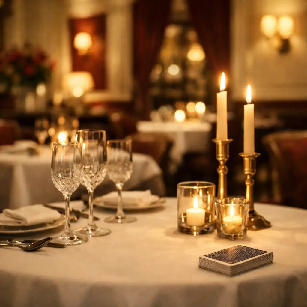 Wnętrze eleganckiej restauracji hotelowej z nakrytymi stolikami i świecami