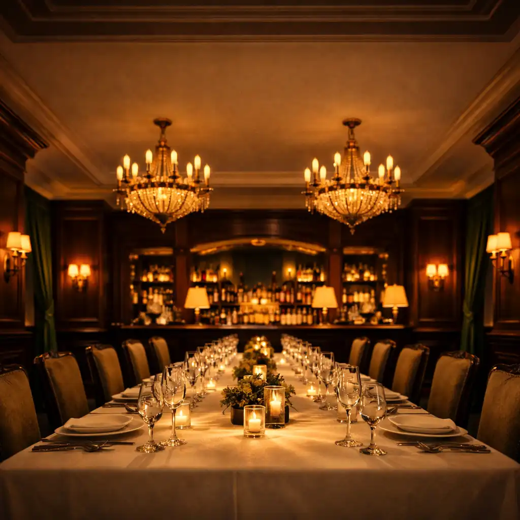 Elegancka restauracja Grand Stay House z nakrytym stołem i ciepłym oświetleniem