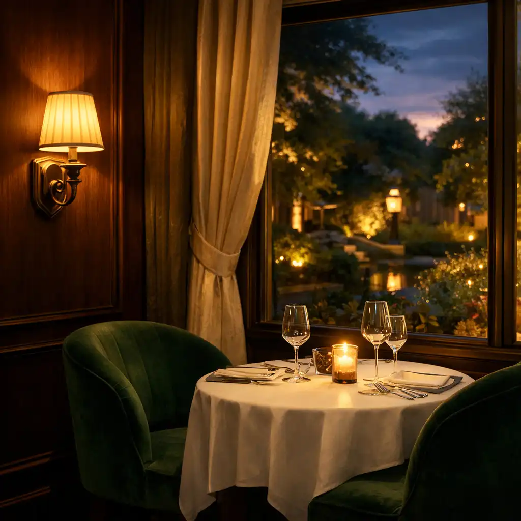 Kameralny kącik restauracji przy oknie z widokiem na ogród