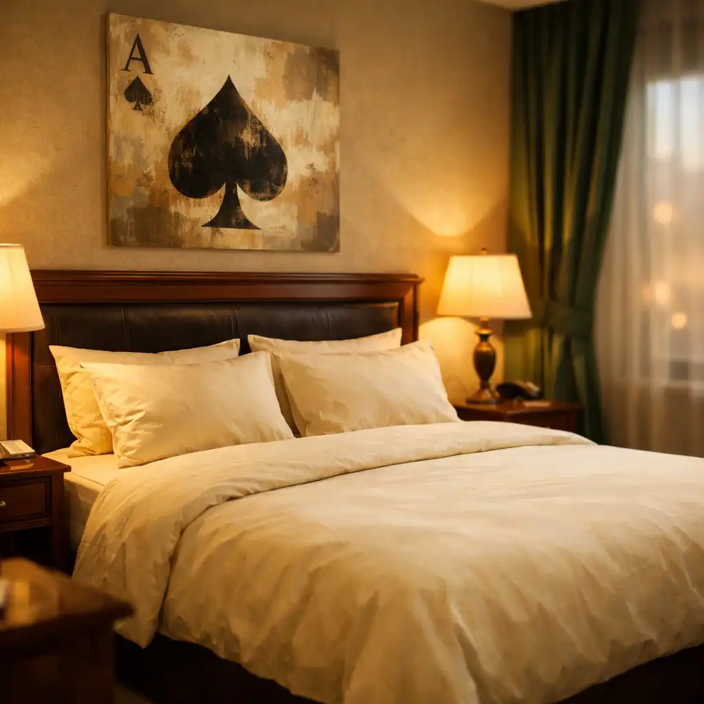 Elegancki pokój hotelowy z ciemnym drewnianym zagłówkiem i kremową pościelą