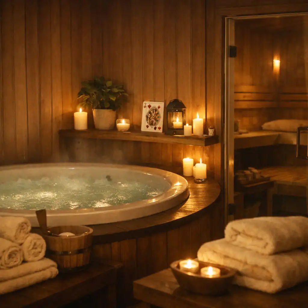 Strefa wellness z jacuzzi i sauną, ciepłe drewno i delikatne światło świec