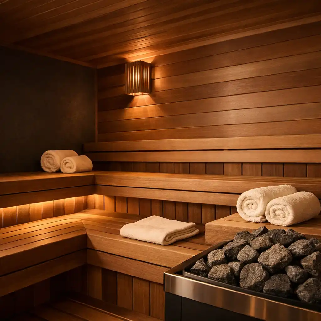 Sauna fińska z drewnianymi ławkami, delikatnym oświetleniem i kamieniami na piecu
