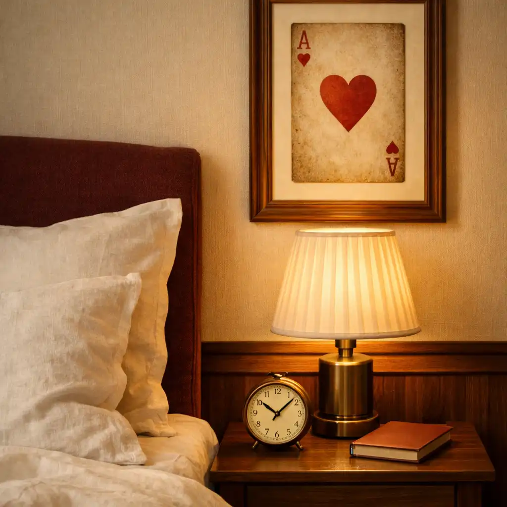 Detal pokoju hotelowego z lnianą pościelą, lampą i subtelnym obrazem